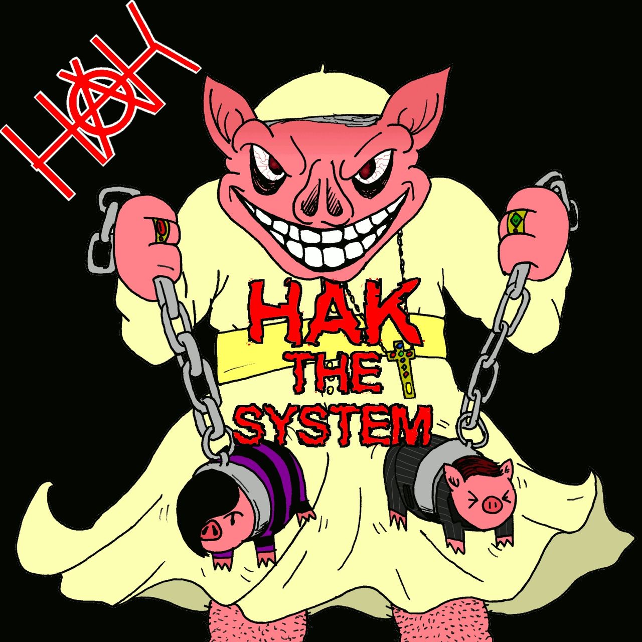 A pig dressed as pope with an emo and a politician pig in chains